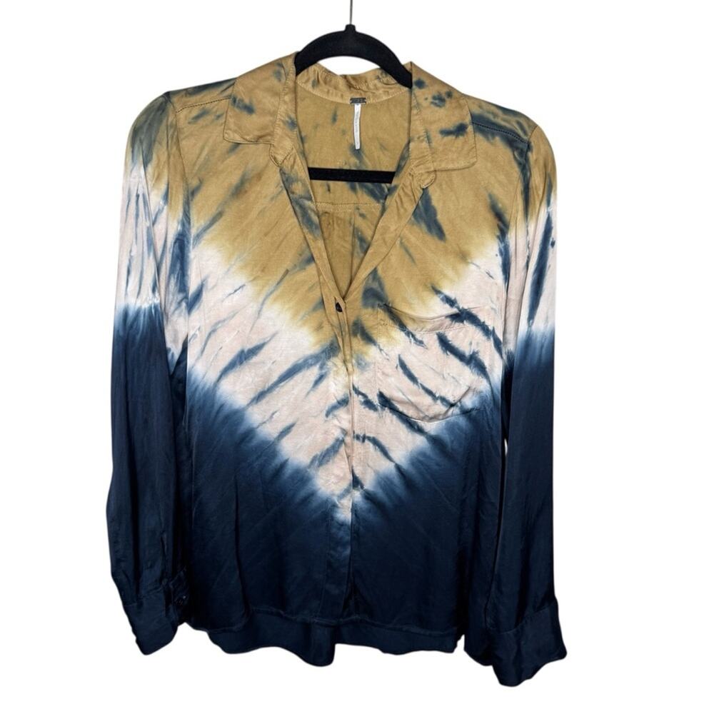 YOUNG FABULOUS & BROKE / tan blue tie dye satin long sleeve button up / S